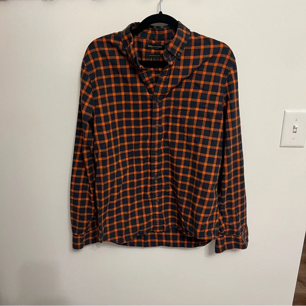 Banana Republic UNTUCKED SLIM-FIT FLANNEL SHIRT orange plaid size large